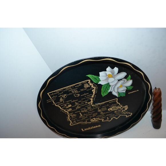 Vintage Louisiana Souvenir Metal Tray Kitschy Map & Magnolia - Picture 4 of 4